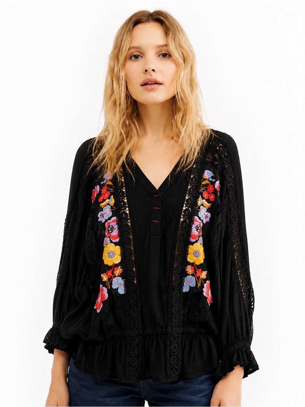 Free People Seraphina Embroidered Crochet Floral Lace Boho Blouse Black Size L